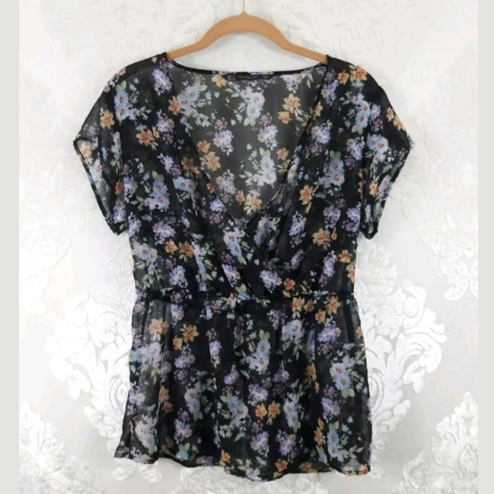 Zara Sheer Floral Faux Wrap Top Short Sleeve - Picture 1 of 4